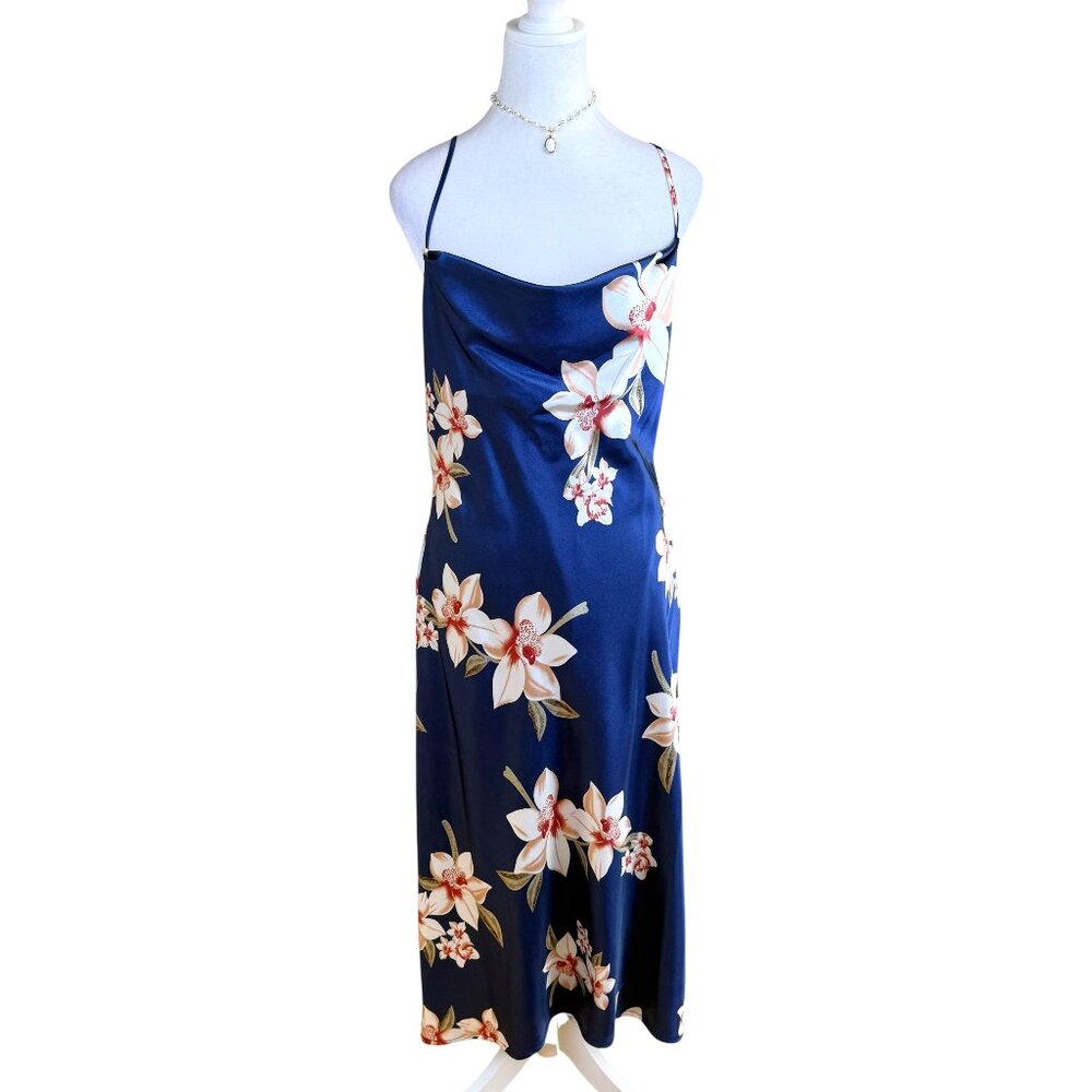 Baltic Born Navy Floral Satin Midi Slip Dress